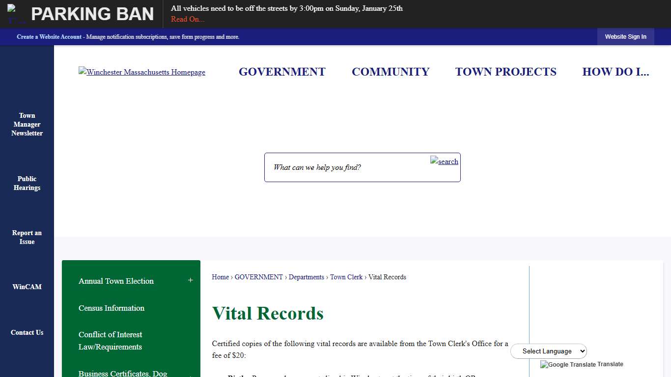 Vital Records Winchester, MA - Official Website