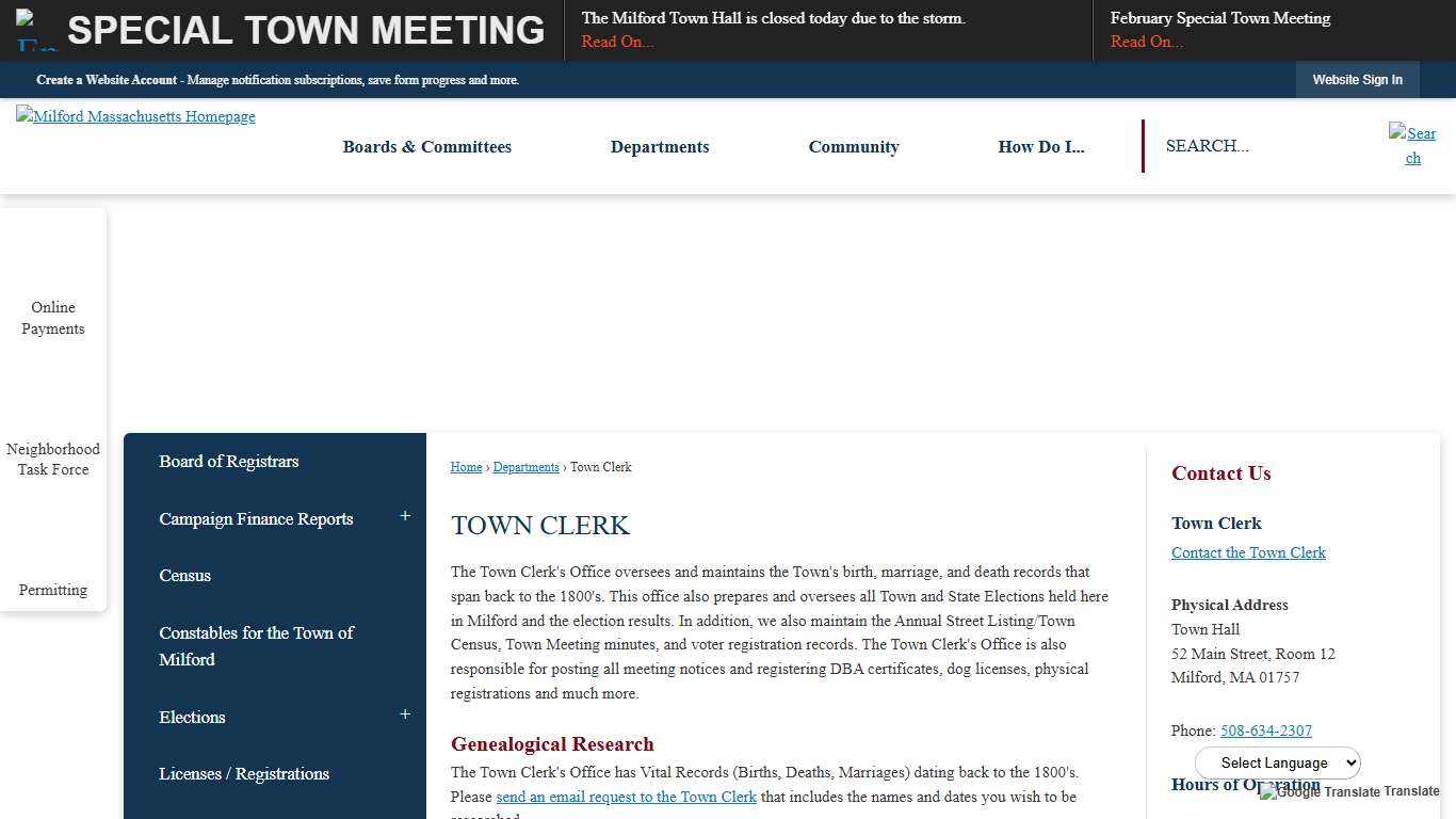 Town Clerk Milford, MA